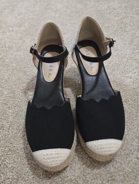 Serra Black Espadrille Wedge Sandals with Glitter Upper